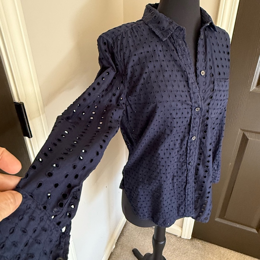 J Crew Women's Navy Eyelet Button Down Shirt